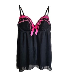 Cacique Vintage Black and Pink Lace Babydoll Nighty Built In Bra